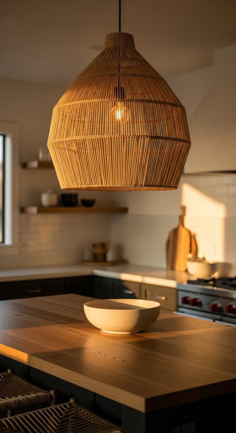13 Decor Secrets To Make Your Dark Kitchen Feel Brighter 23 A large woven rattan pendant light hangs over a dark wood kitchen island, casting a warm, patterned glow in a cozy kitchen.