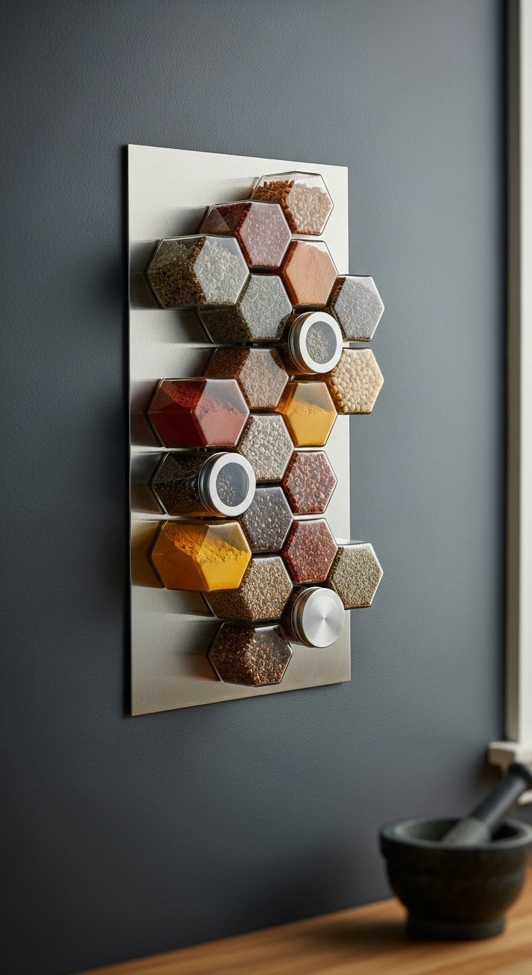 11 Genius Kitchen Wall Decor Ideas That Are Completely Damage Free 3 A light gray kitchen wall with gold metallic polka dot decals behind two white floating shelves with mugs and a plant.