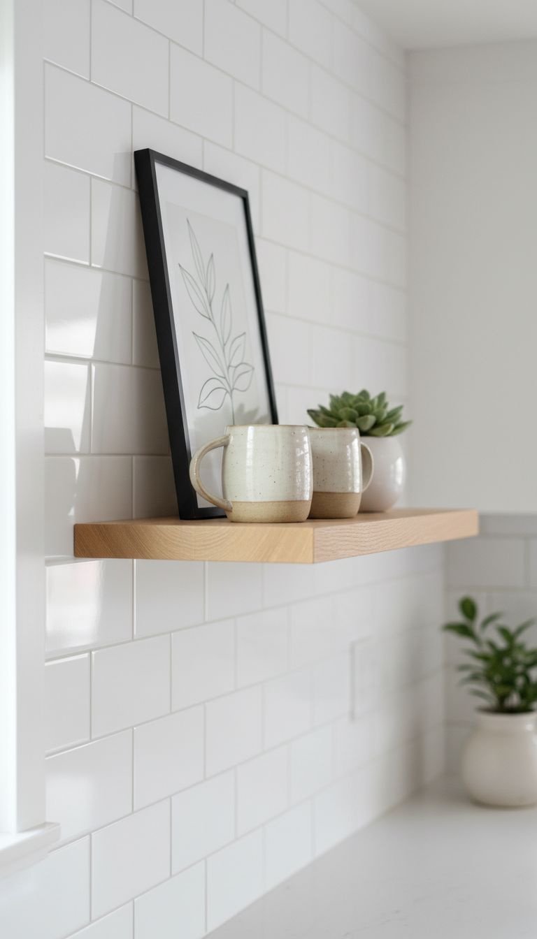 13 Minimalist Kitchen Wall Decor Ideas For Every Style 3 A light oak floating shelf on a white subway tile wall styled with ceramic mugs, a small succulent, and framed line art.