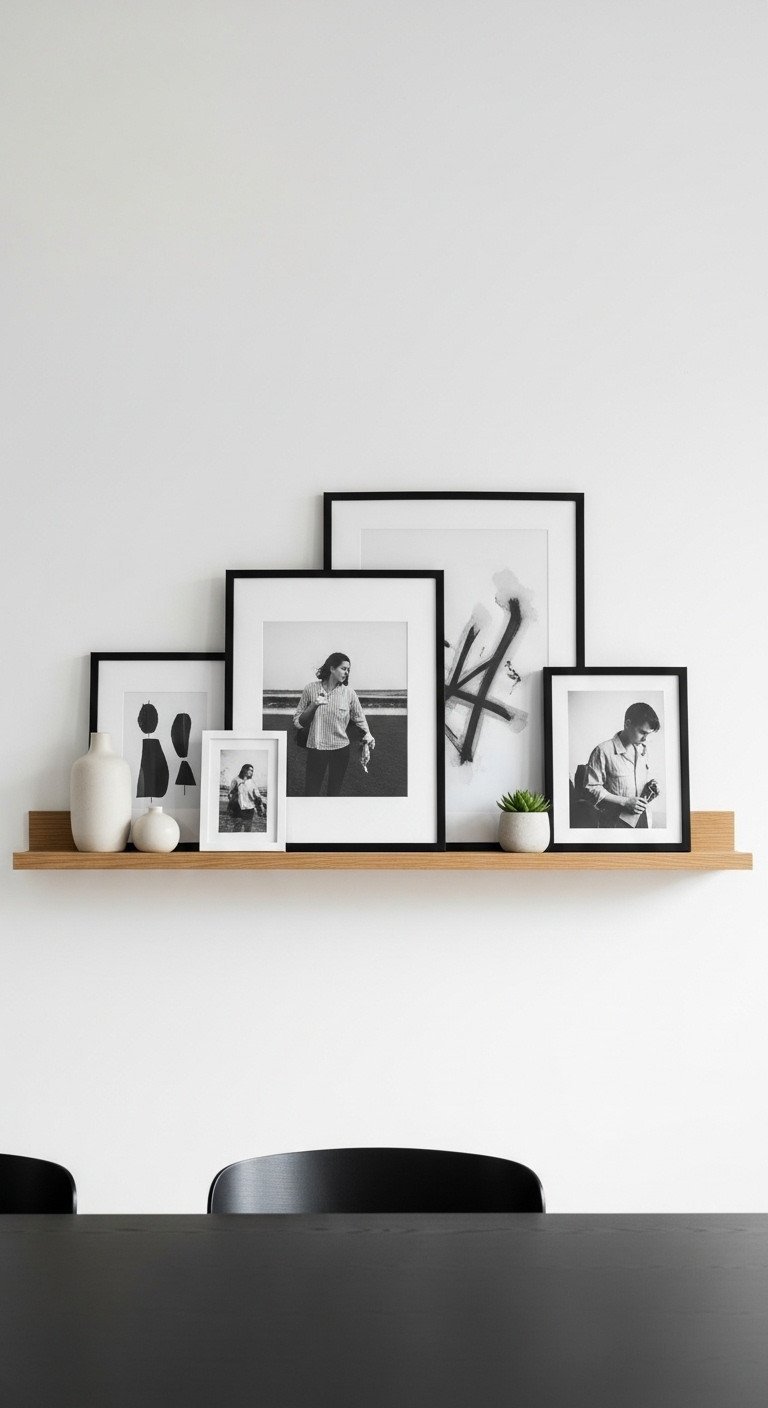 A light oak picture ledge shelf styled with overlapping black-and-white art and a succulent above a black dining table.