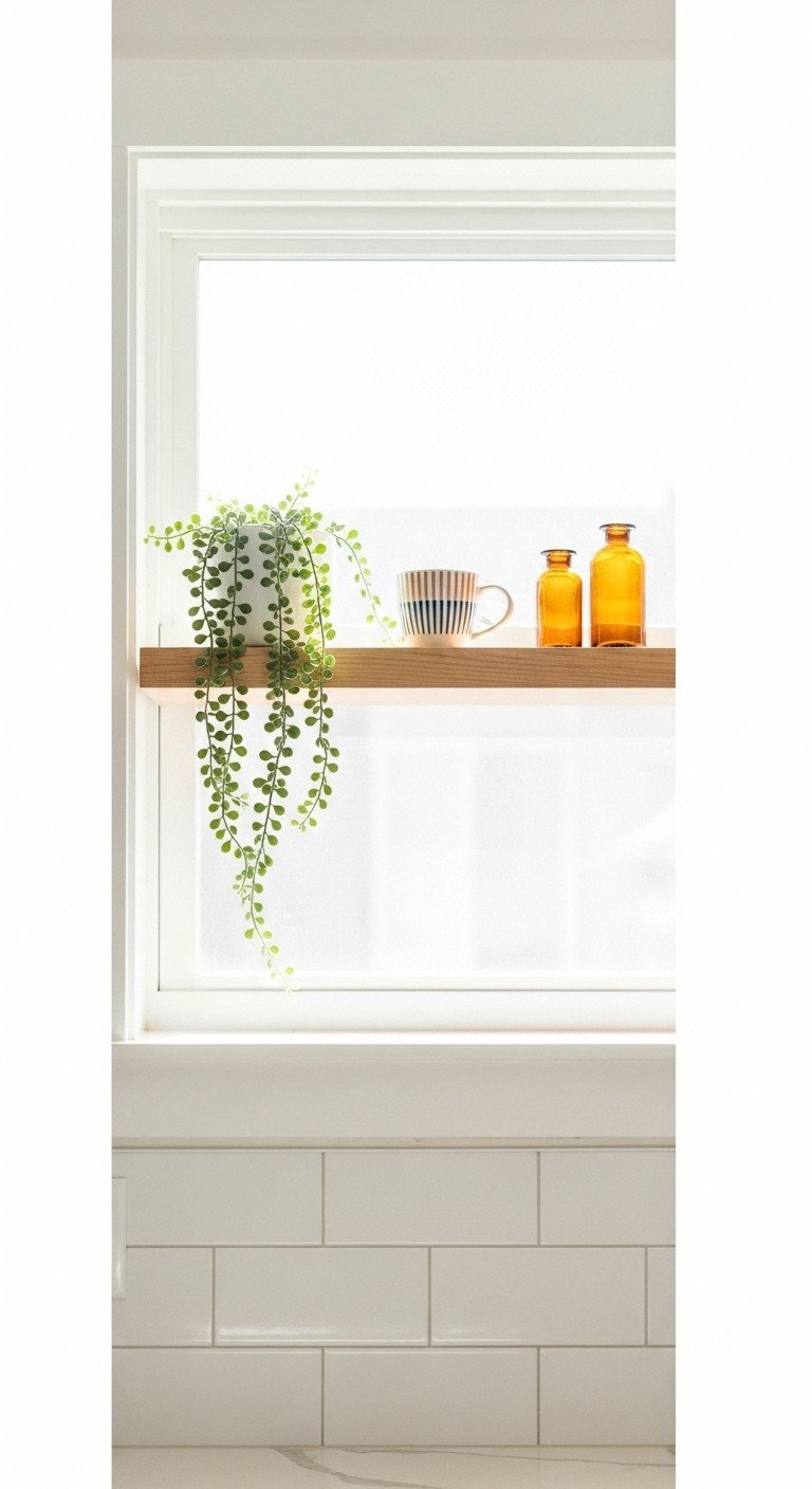 A light wood floating shelf across a kitchen window, styled with a trailing plant, a ceramic mug, and amber bottles.