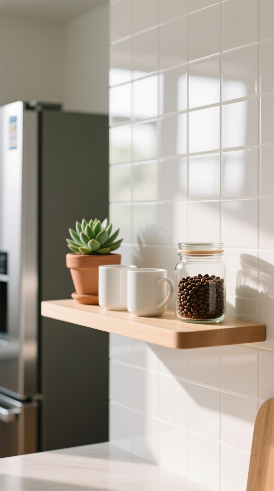 A light wood floating shelf styled with white ceramic mugs, a succulent, and coffee beans on a white tiled kitchen wall.