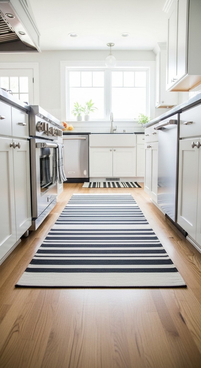 11 Genius Small Kitchen Decor Ideas To Maximize Your Space 10 A long black and white striped runner rug on a light wood floor leads the eye down a narrow galley kitchen with white cabinets.