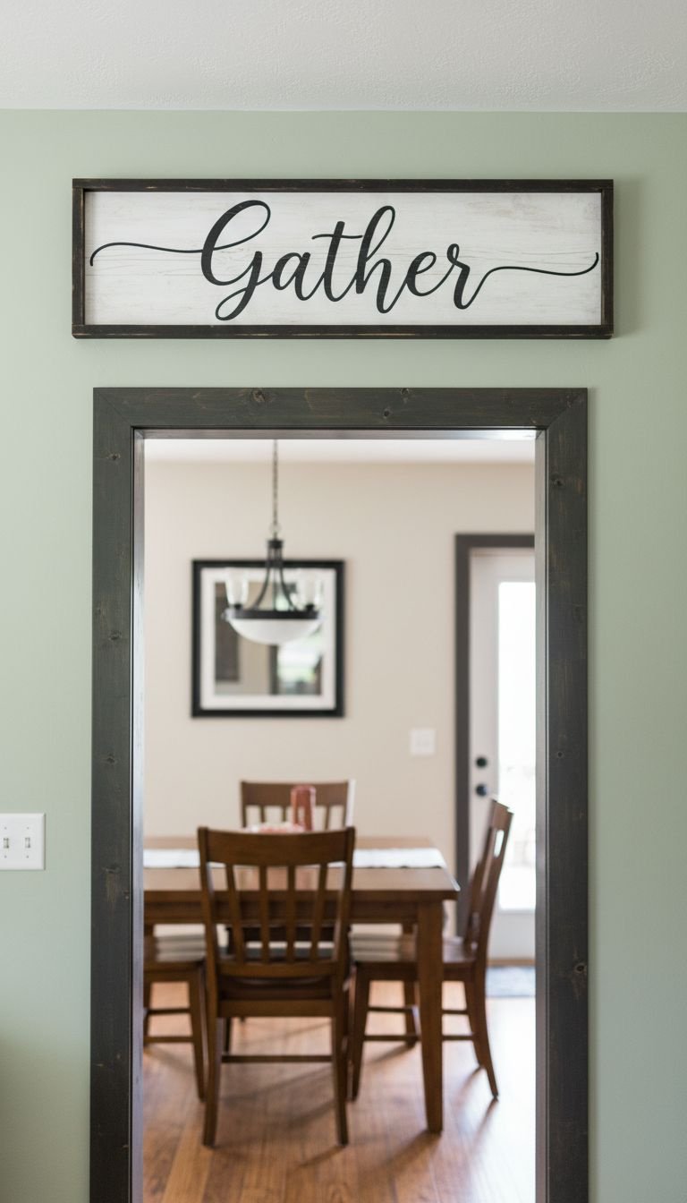 A long, rustic wooden sign with "Gather" in black script hanging over a doorway on a sage green wall in a farmhouse kitchen.