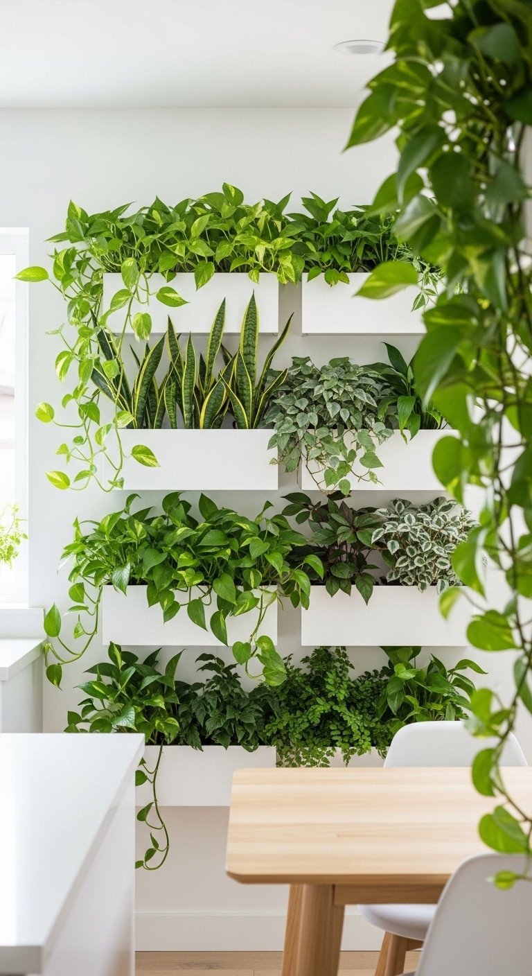 A lush living wall with trailing green plants in wall-mounted planters serves as a vibrant backdrop for a light wood dining table.