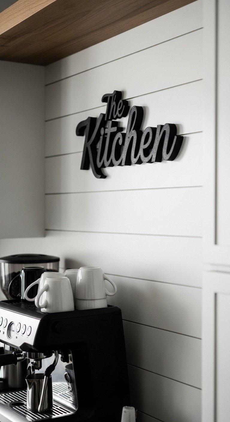 A matte black 3D printed sign in an elegant script reading 'The Kitchen' on a light gray shiplap wall.