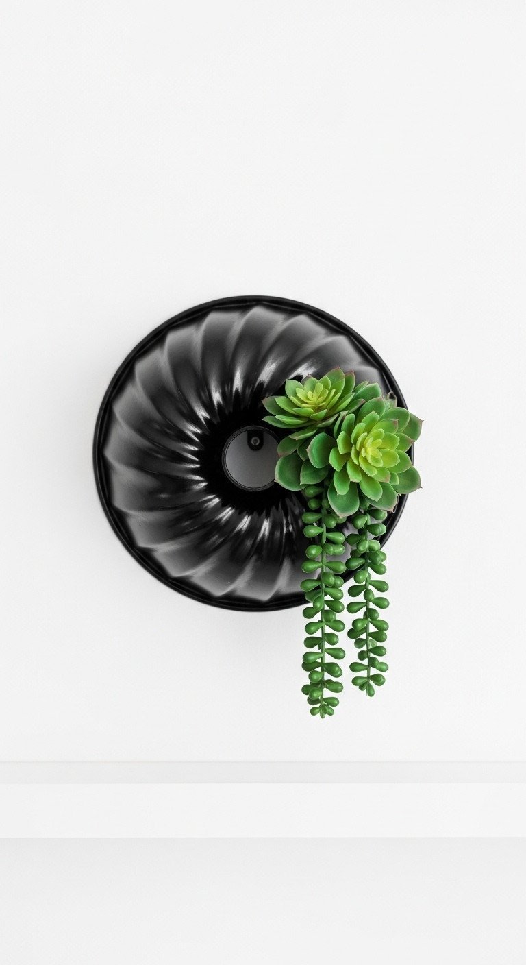 Brilliant Upcycled Kitchen Decor Ideas To Transform Your Walls 11 A matte black vintage bundt pan upcycled into a modern wall planter with green succulents. Chic, minimalist DIY decor for a kitchen.