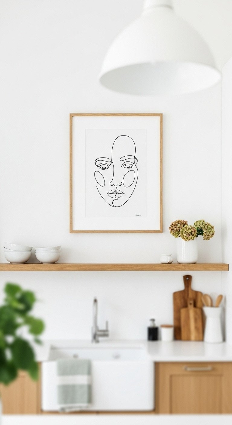 A minimalist black and white line art print in a light oak frame hangs on a white wall in a bright Scandinavian-style kitchen.