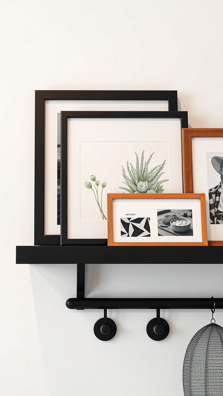 A minimalist coffee bar featuring a white floating shelf with a glass coffee carafe, above mugs on elegant brass hooks.
