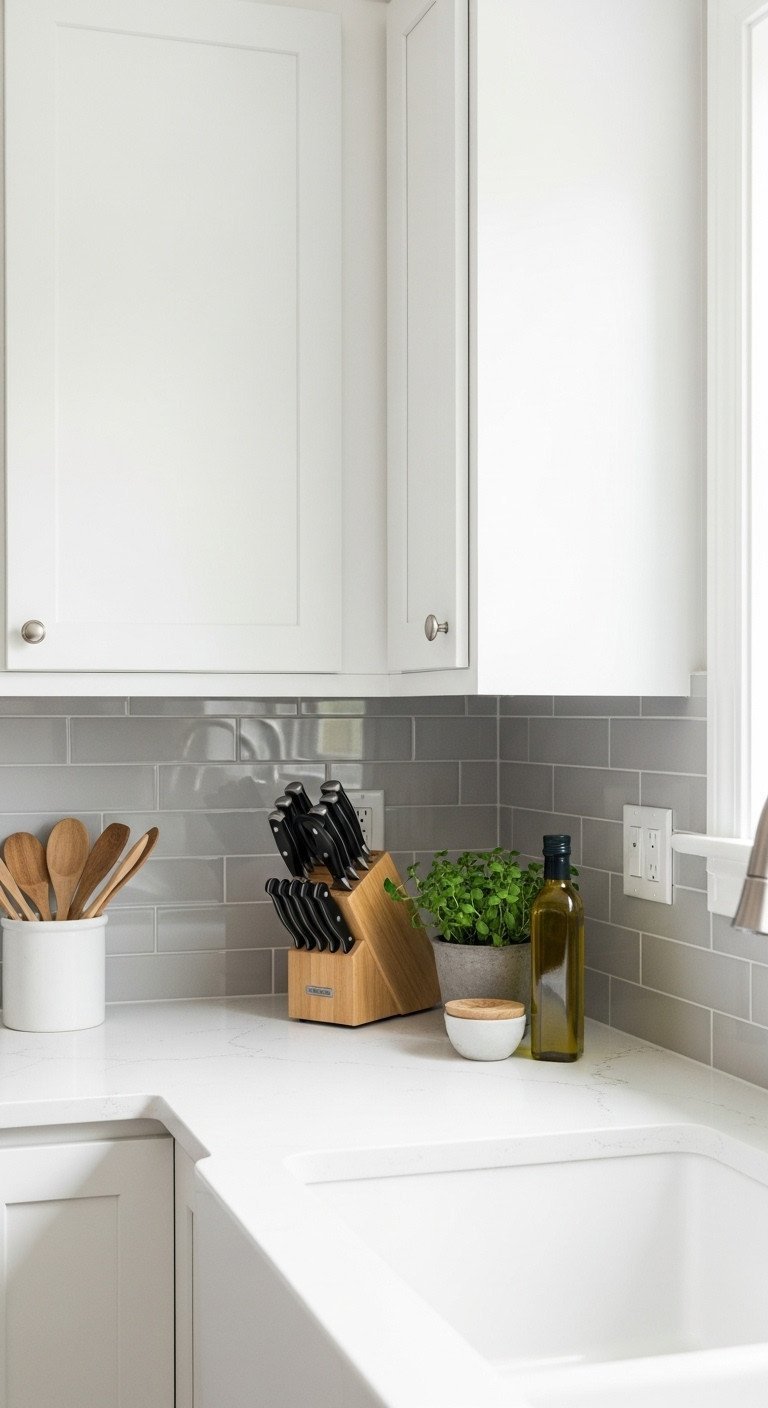 13 Decor Secrets To Make Your Dark Kitchen Feel Brighter 11 A minimalist, decluttered white quartz kitchen counter with a wooden knife block, a small potted herb, and an olive oil bottle.