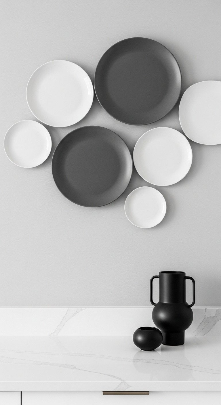 Stunning Plate Wall Decor And The Secrets To Hang It Right 5 A minimalist kitchen wall with an asymmetrical arrangement of solid white and charcoal gray plates above a white quartz counter.