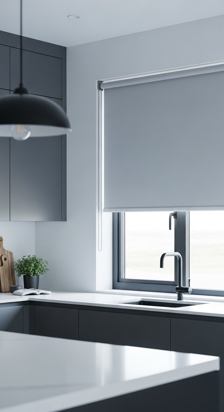 A minimalist light gray roller shade provides privacy in a sleek, modern kitchen with dark gray flat-panel cabinets.