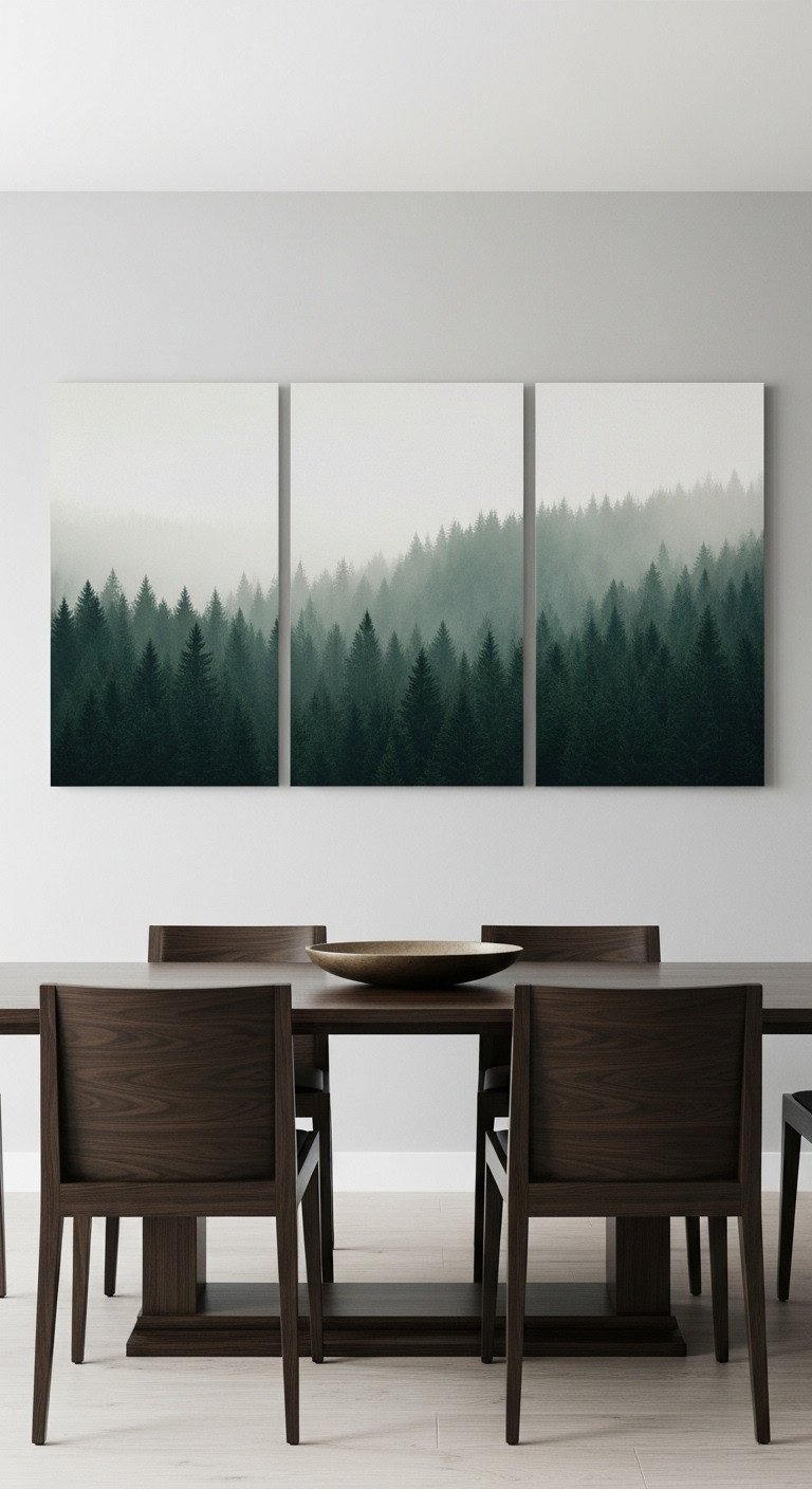 A minimalist misty forest landscape triptych canvas hung on a light gray wall above a sleek dark wood dining table.