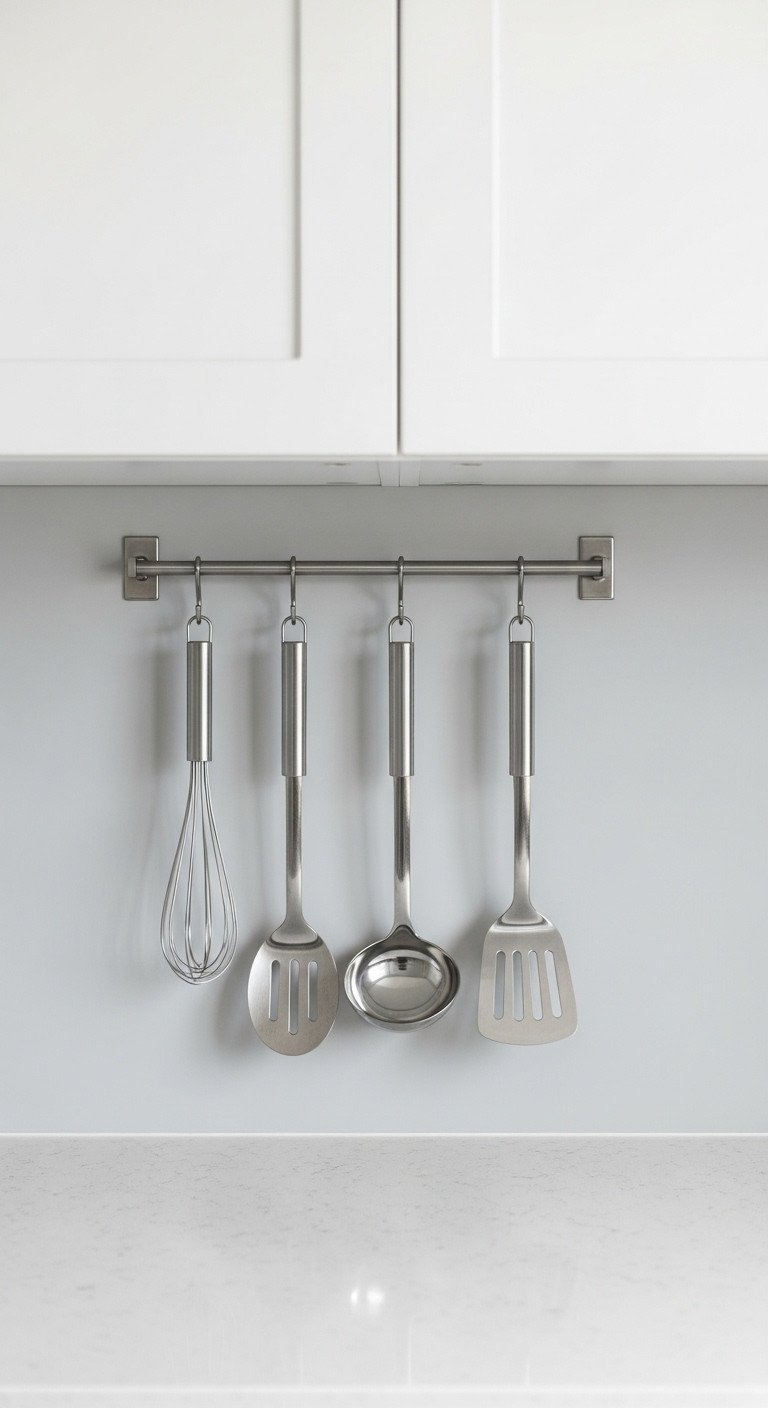 A minimalist stainless steel utensil rail with a whisk, ladle, and spatula hanging on a light gray Scandinavian-style kitchen wall.