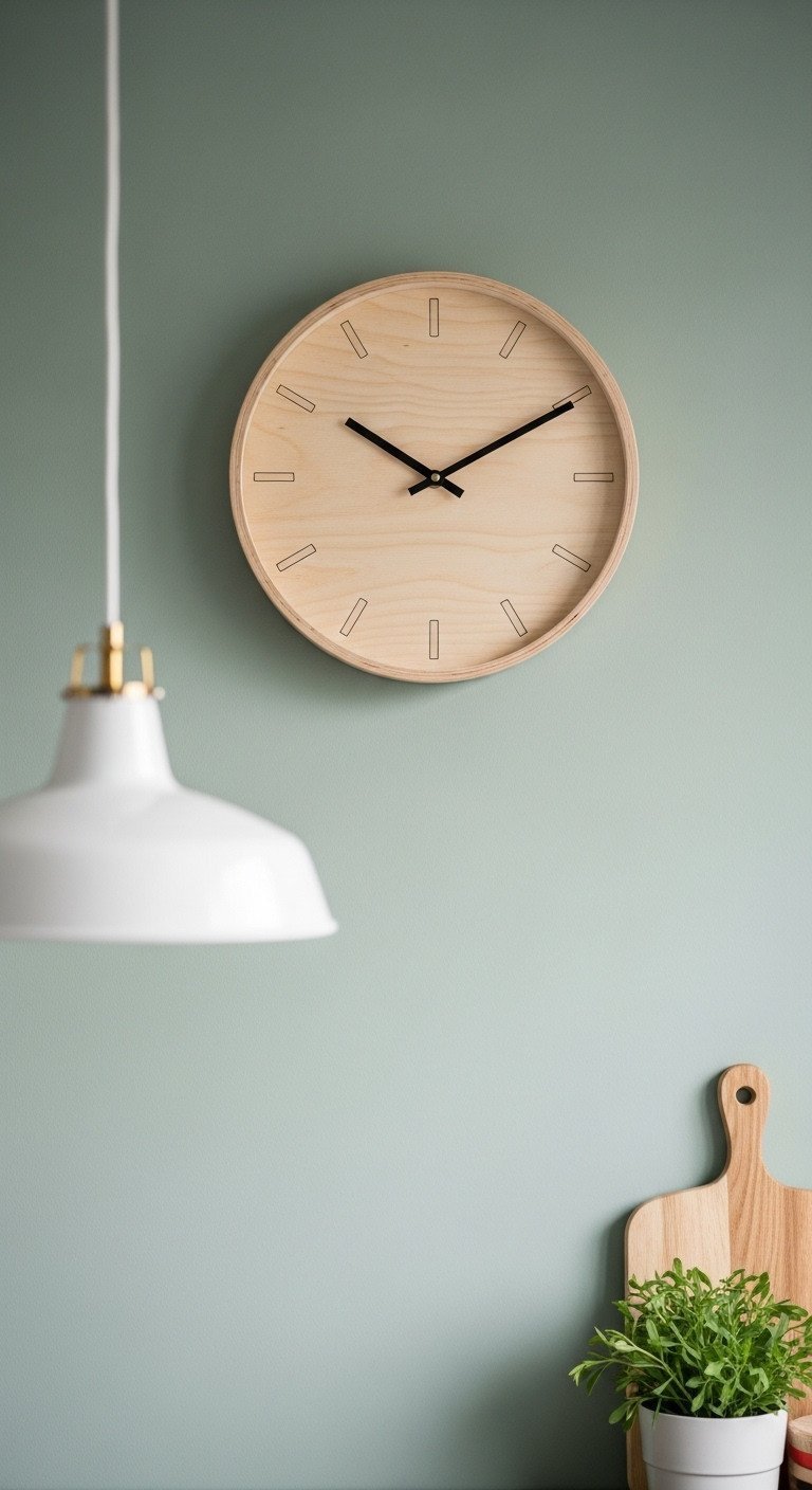 A minimalist wooden wall clock with no numbers and black hands, hanging on a sage green accent wall in a Scandinavian kitchen.