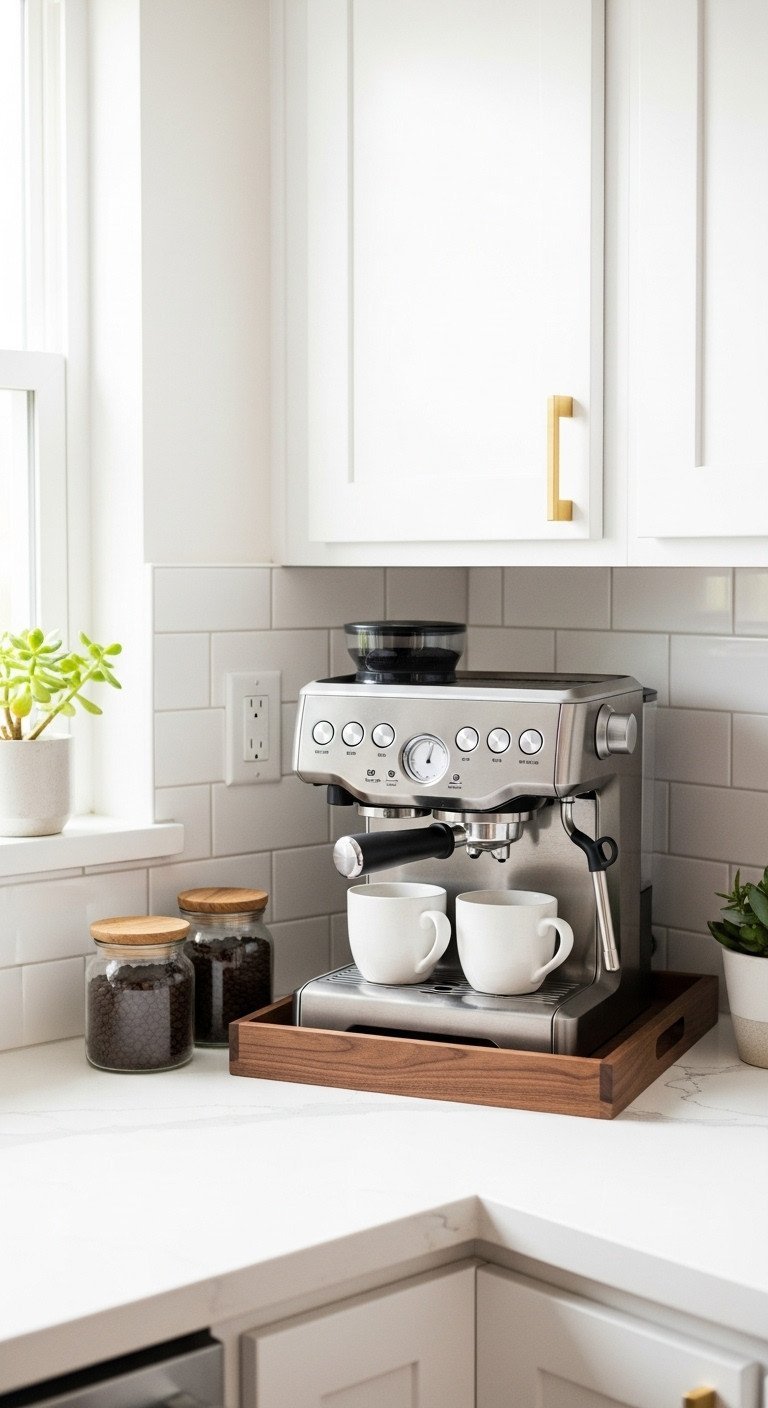 9 Brilliant Kitchen Corner Ideas Beyond The Countertop 1 A modern espresso machine on a walnut tray in a kitchen coffee station with two white mugs and a succulent.