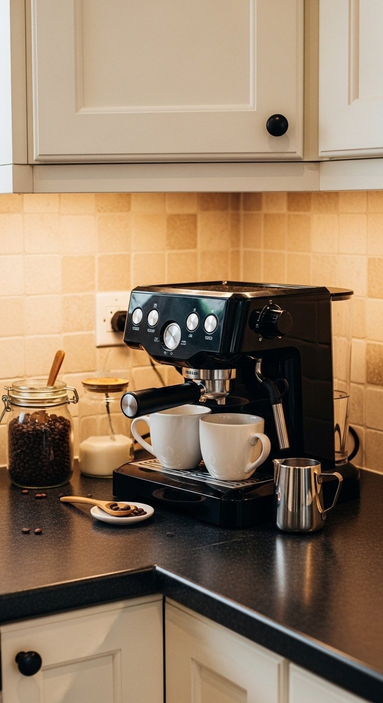A modern home coffee station with a black espresso machine, white mugs, and coffee beans on a dark granite countertop.