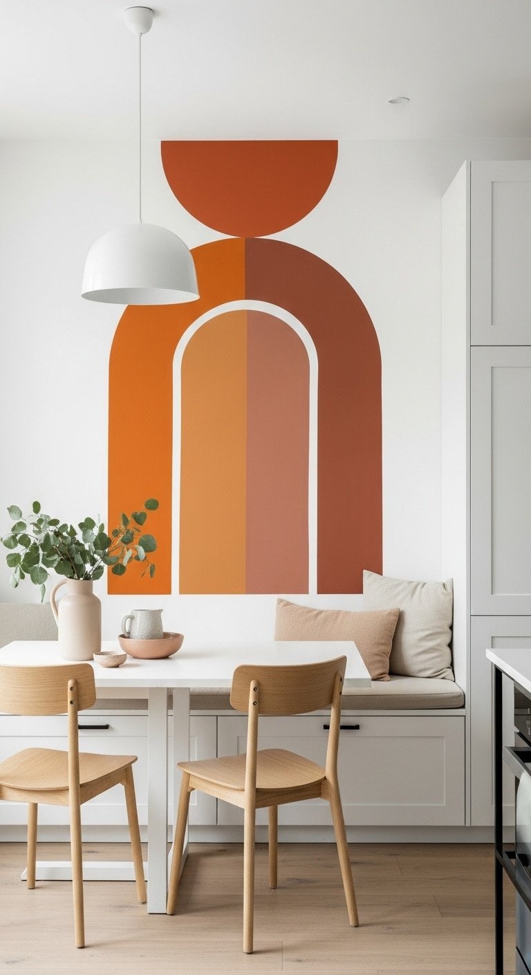 A modern kitchen accent wall featuring a bold, painted graphic mural of overlapping arches in burnt orange and terracotta.