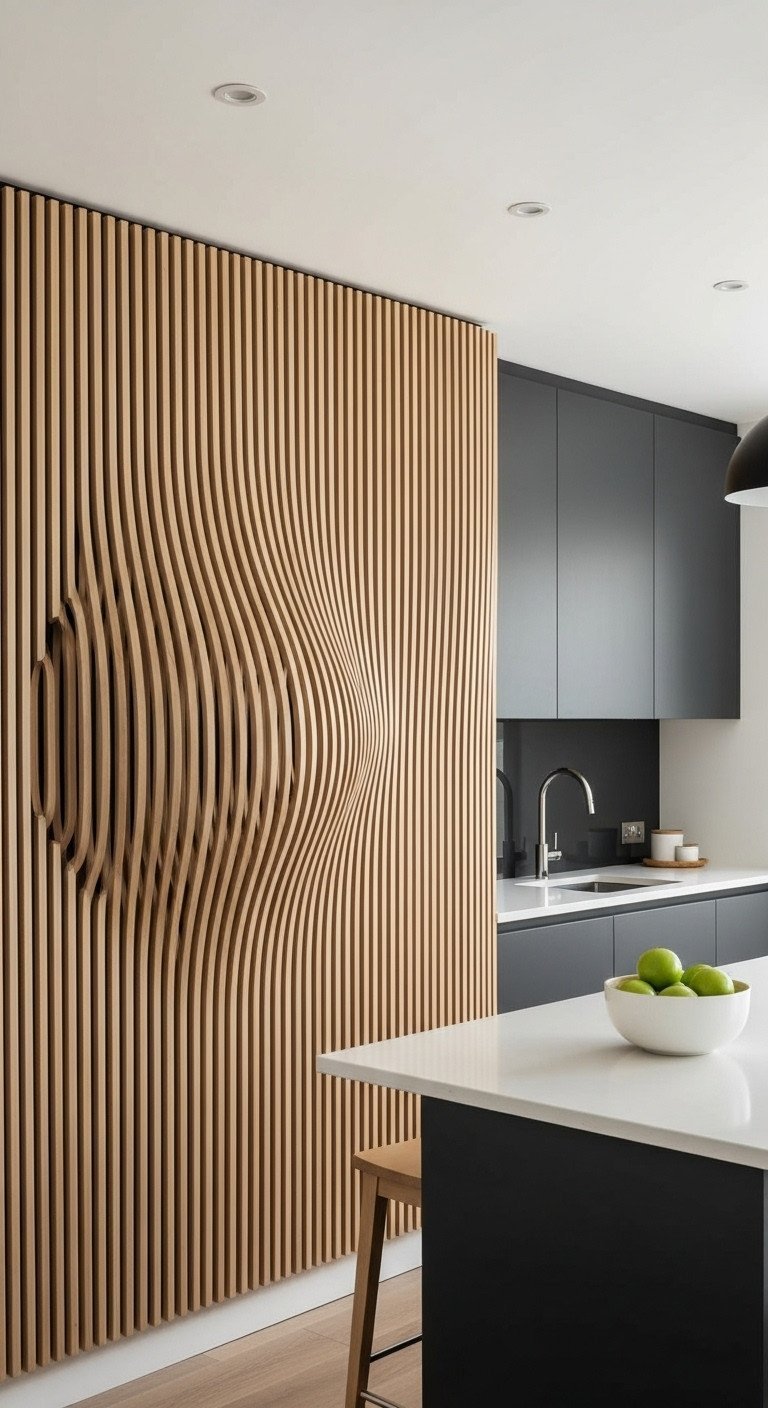 A modern kitchen feature wall with wave-like parametric design made of light birch plywood slats behind a kitchen island.