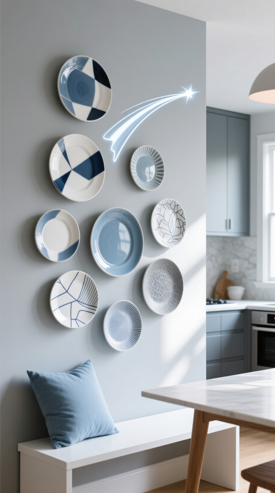11 Diy Kitchen Wall Decor Ideas That Look High End 21 A modern wall display of mismatched ceramic plates in shades of blue and gray arranged in a dynamic swoop over a dining bench.