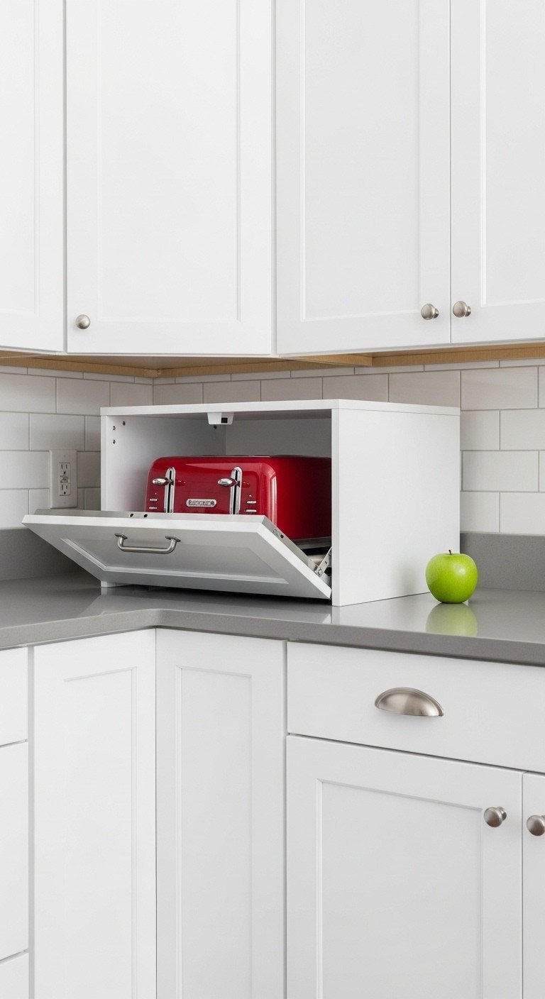 9 Brilliant Kitchen Corner Ideas Beyond The Countertop 9 A modern white appliance garage in a kitchen corner, its open door revealing a red toaster on the counter.