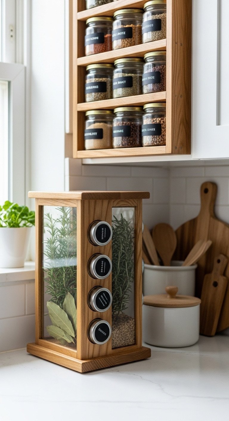 A multi-tiered wooden rack holding organized glass spice jars with minimalist labels mounted on a modern kitchen wall.