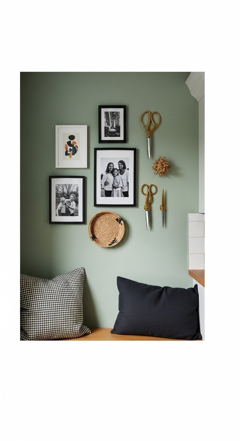 11 Stunning Ways To Style Sage Green Kitchen Wall Decor 11 A natural birch plywood pegboard organizer with spice jars and copper cups hangs on a sage green wall in a Scandi kitchen.