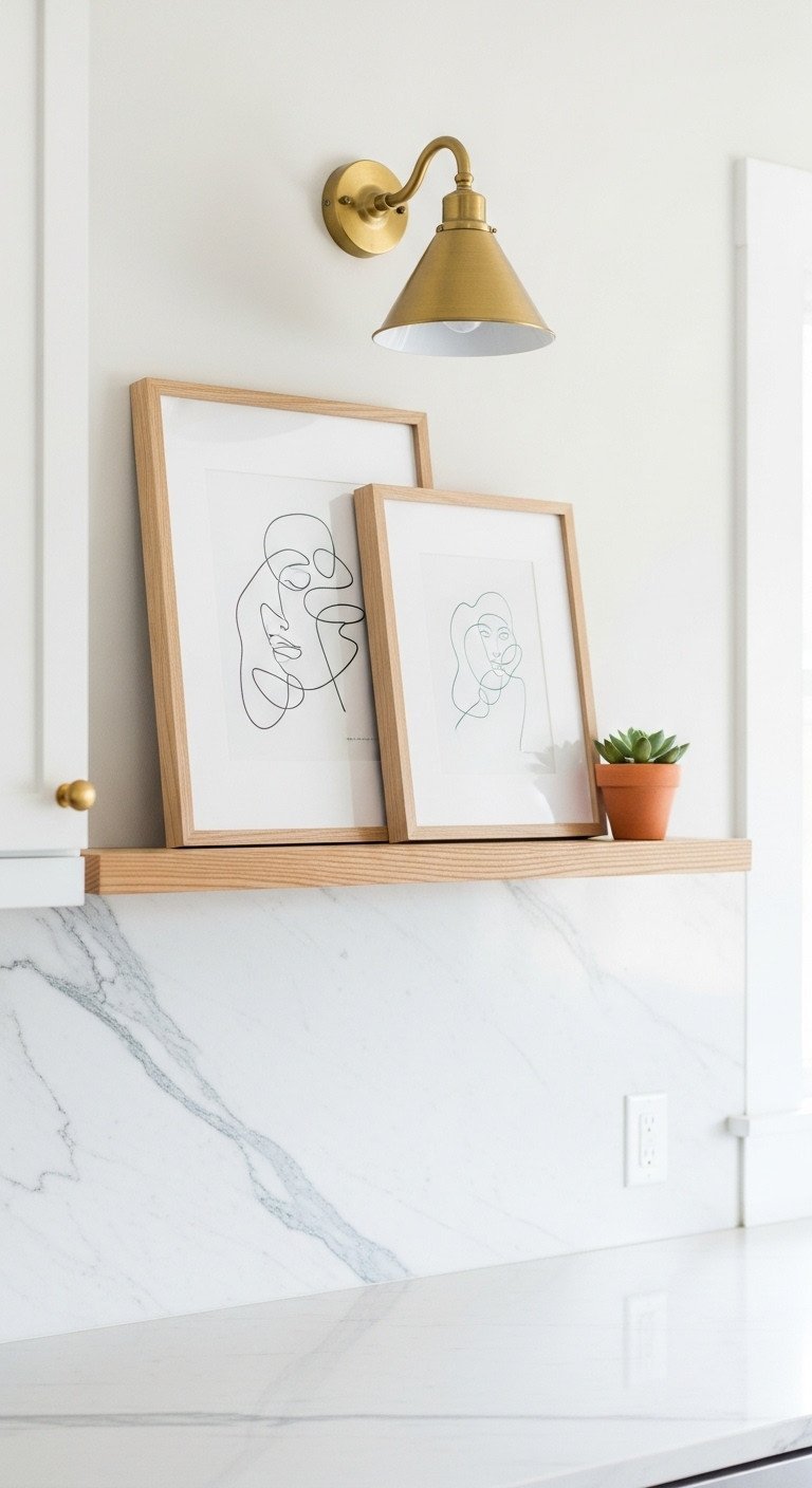 A natural oak picture ledge on a white kitchen wall, styled with leaning minimalist art frames and a small succulent.