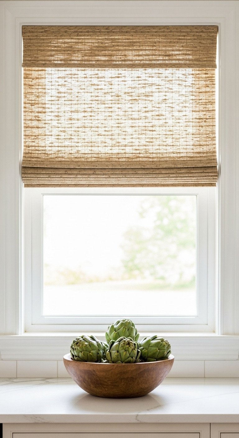 A natural woven roman shade filters soft daylight through a kitchen window above a counter with a wooden bowl of artichokes.