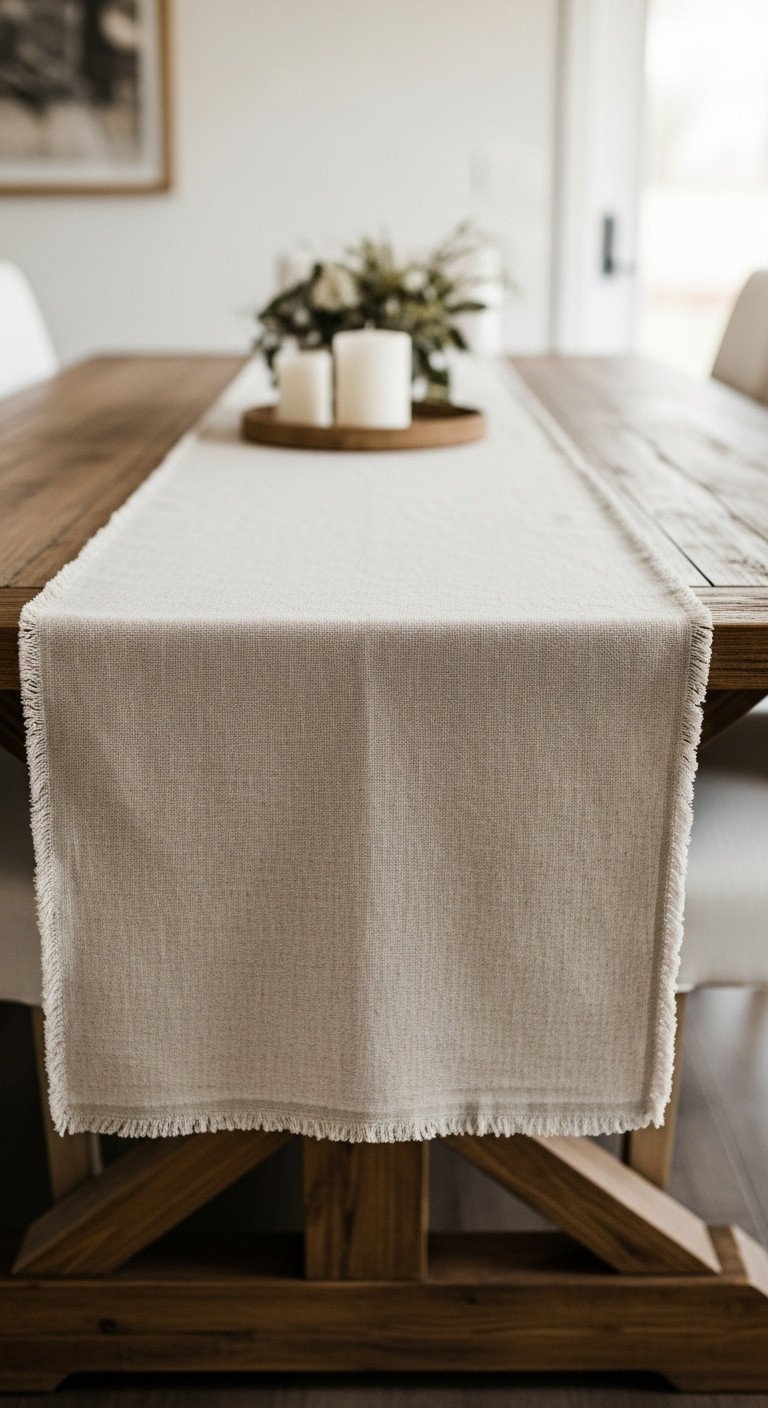 A neutral heavy linen table runner with a frayed edge runs down the center of a rustic reclaimed wood dining table.