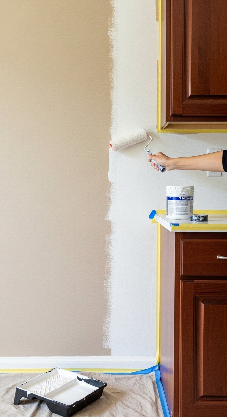 13 Decor Secrets To Make Your Dark Kitchen Feel Brighter 21 A paint roller applies fresh white paint over a dark beige kitchen wall, showing a dramatic DIY before-and-after update.