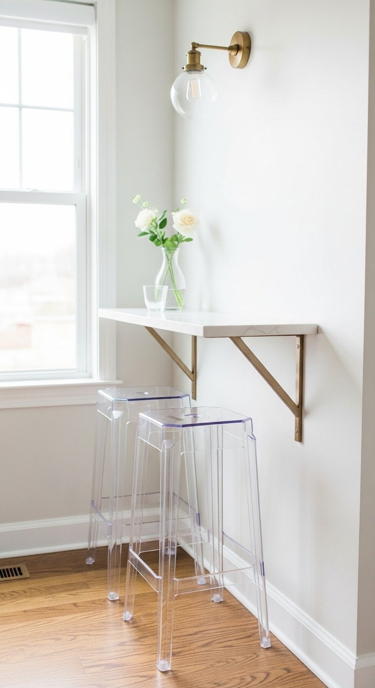 11 Genius Small Kitchen Decor Ideas To Maximize Your Space 20 A pair of clear acrylic ghost stools tucked under a slim, wall-mounted breakfast bar create a space-saving kitchen nook.