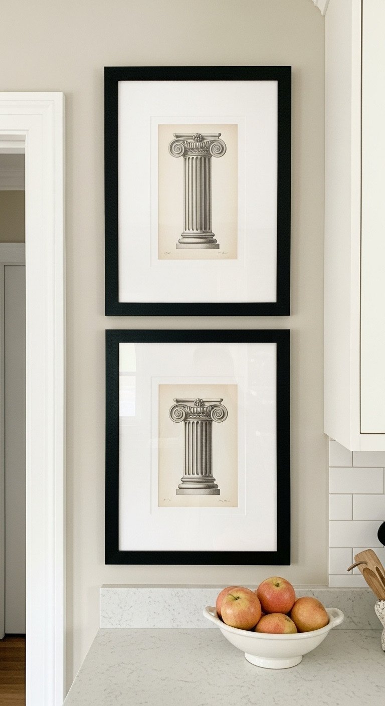 11 Traditional Kitchen Wall Decor Ideas To Get The Look Right 11 A pair of framed architectural prints of classical columns hangs vertically on a beige wall in a sophisticated kitchen.