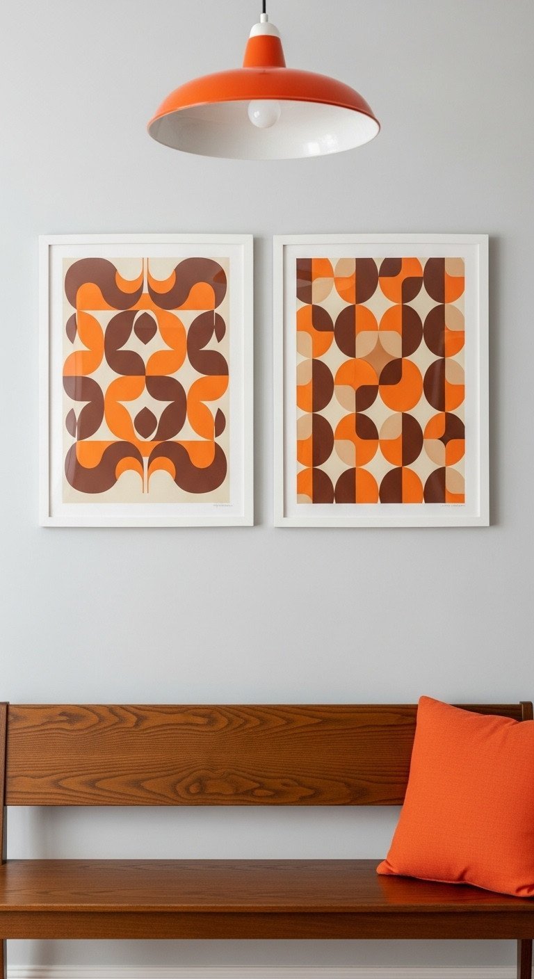 A pair of framed art prints with bold 1960s orange and brown geometric patterns hang on a light gray kitchen nook wall.