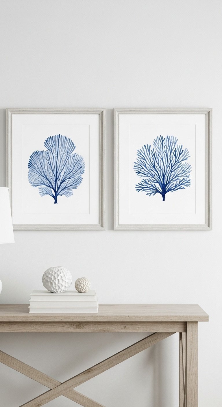 A pair of framed watercolor prints showing delicate indigo blue fan coral against a white background, hanging on a gray wall.