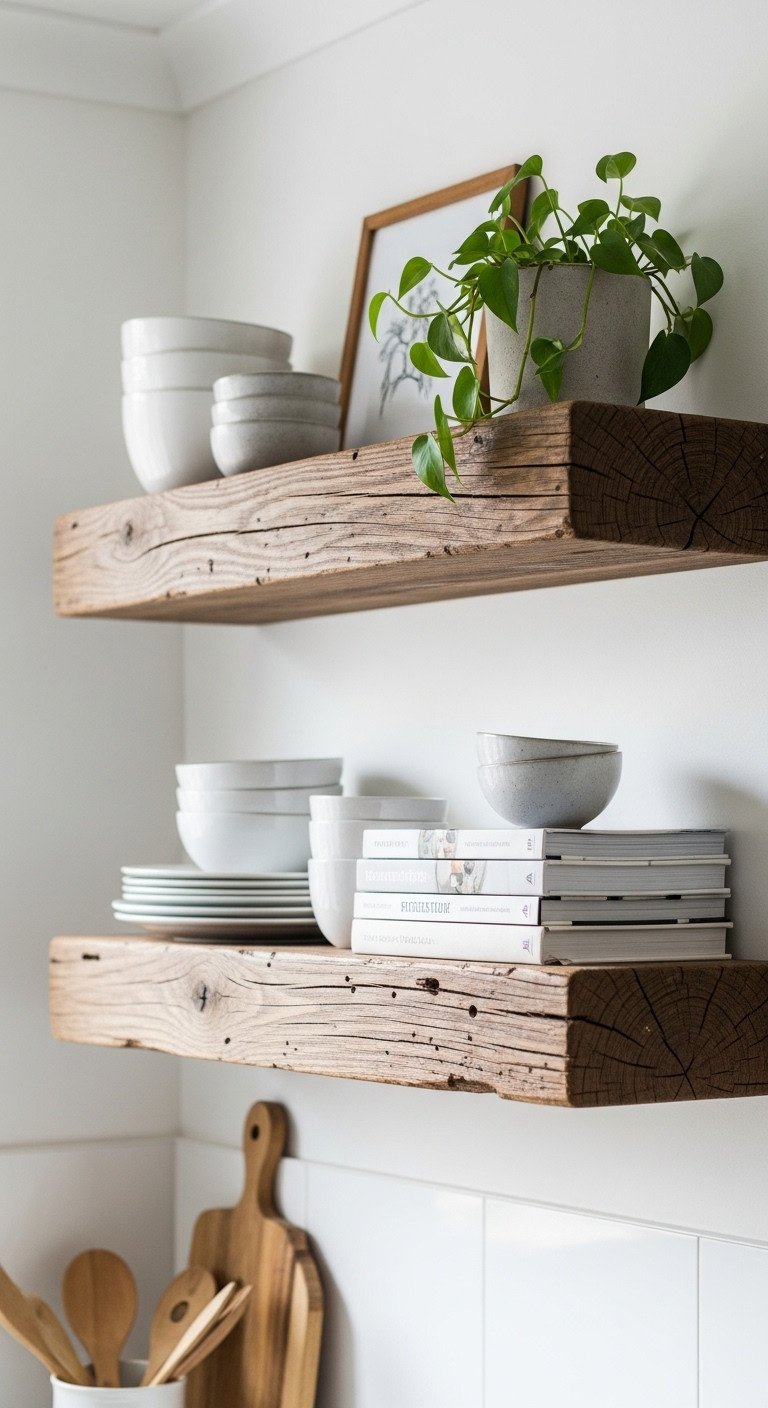 A pair of thick, reclaimed wood floating shelves styled with stoneware, cookbooks, and a plant on a light plaster wall.