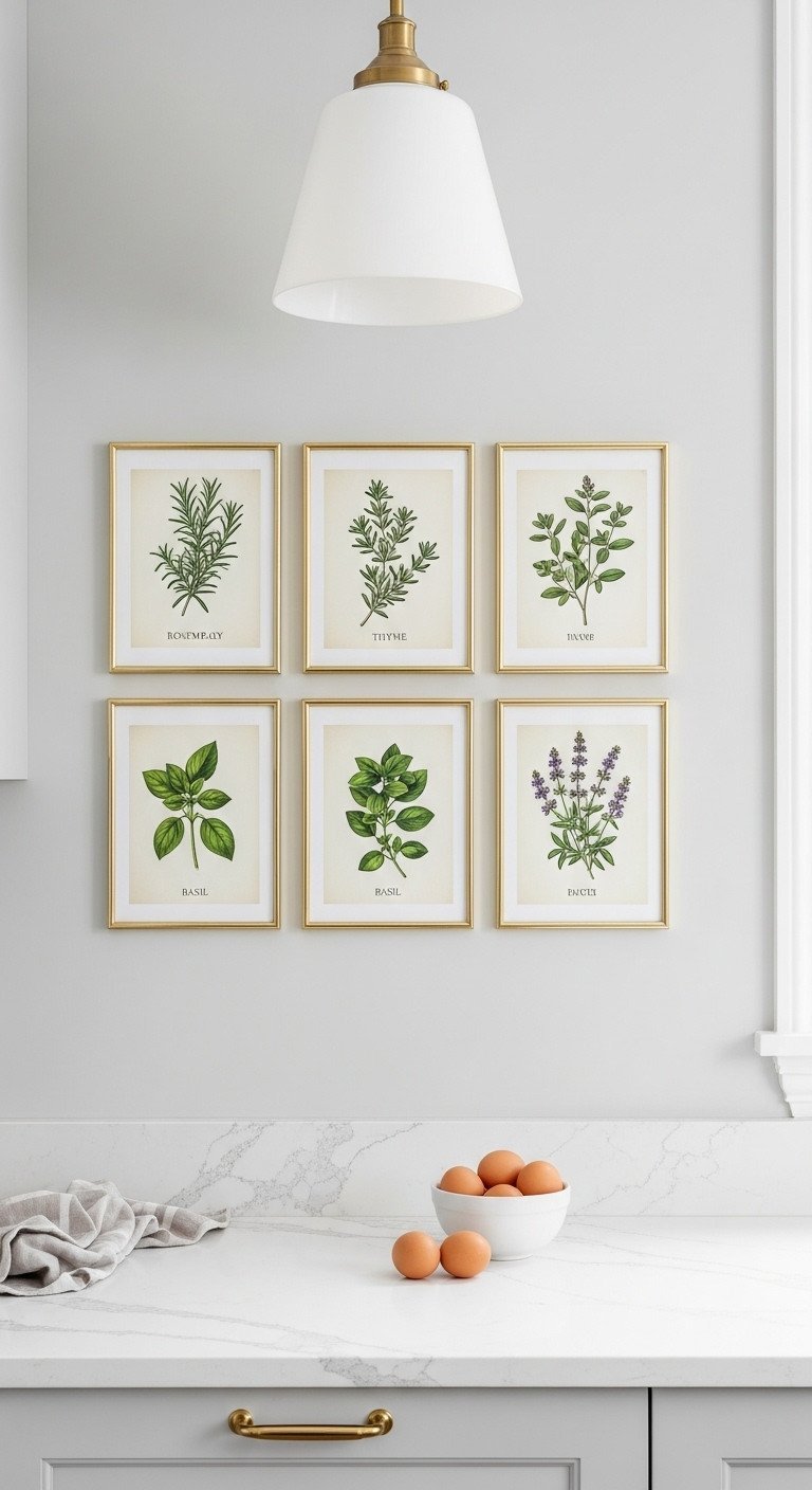 A perfect grid of six framed vintage botanical herb prints in thin gold frames on a dove-gray kitchen wall.