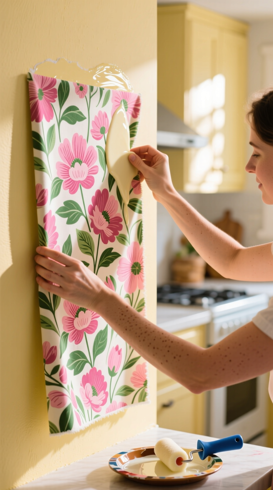 11 Genius Kitchen Wall Decor Ideas That Are Completely Damage Free 18 A person applying pink floral fabric to a yellow wall using the liquid starch DIY temporary wallpaper method.