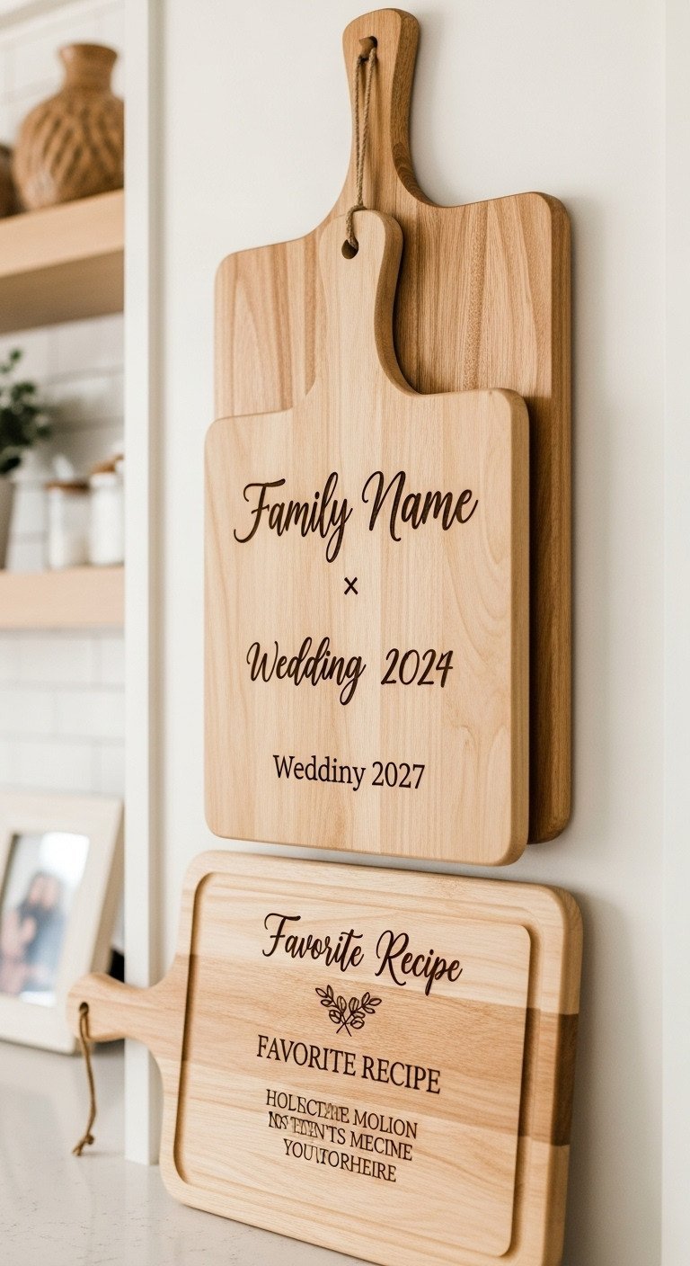 A personalized wooden cutting board laser-engraved with a family name and recipe for sentimental kitchen decor.