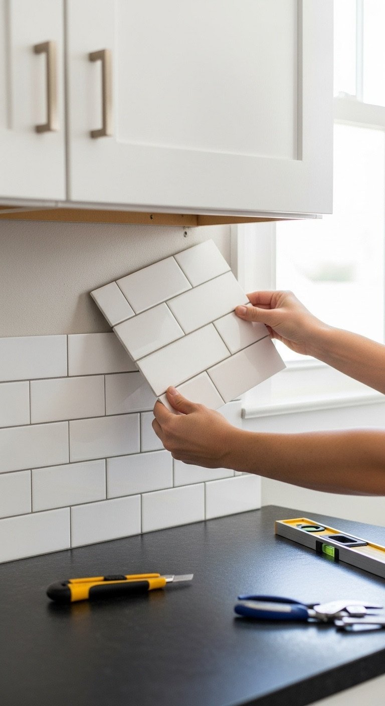 13 Decor Secrets To Make Your Dark Kitchen Feel Brighter 13 A person's hand applies a sheet of glossy white peel-and-stick subway tile to a kitchen wall for a DIY backsplash update.