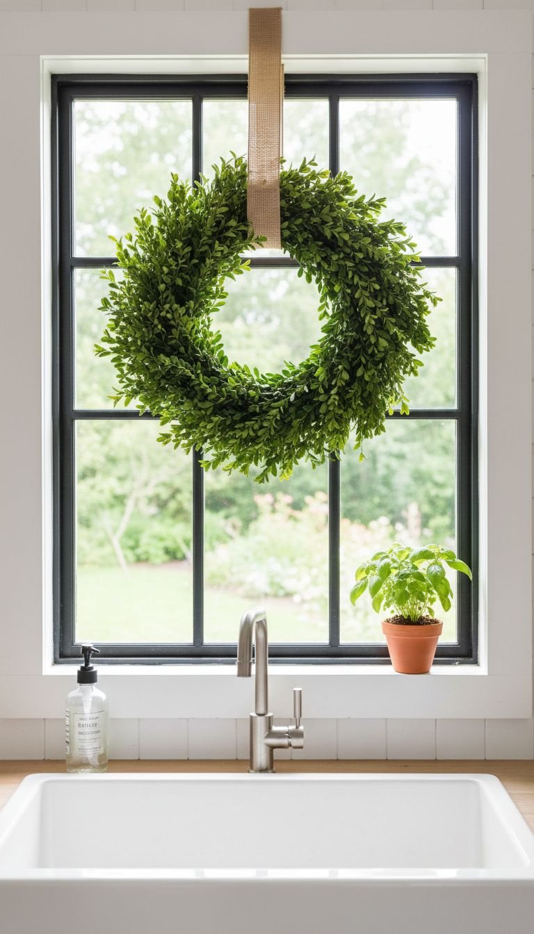 A preserved boxwood wreath hangs from a burlap ribbon in the center of a large, black-framed window over a farmhouse sink.