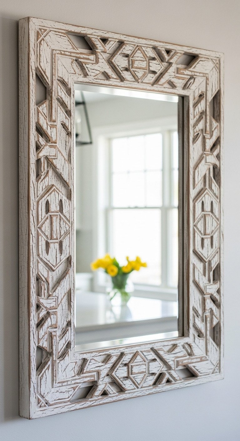 A rectangular wall mirror with a distressed, white-washed carved wood frame in a bright Southwestern-style kitchen.