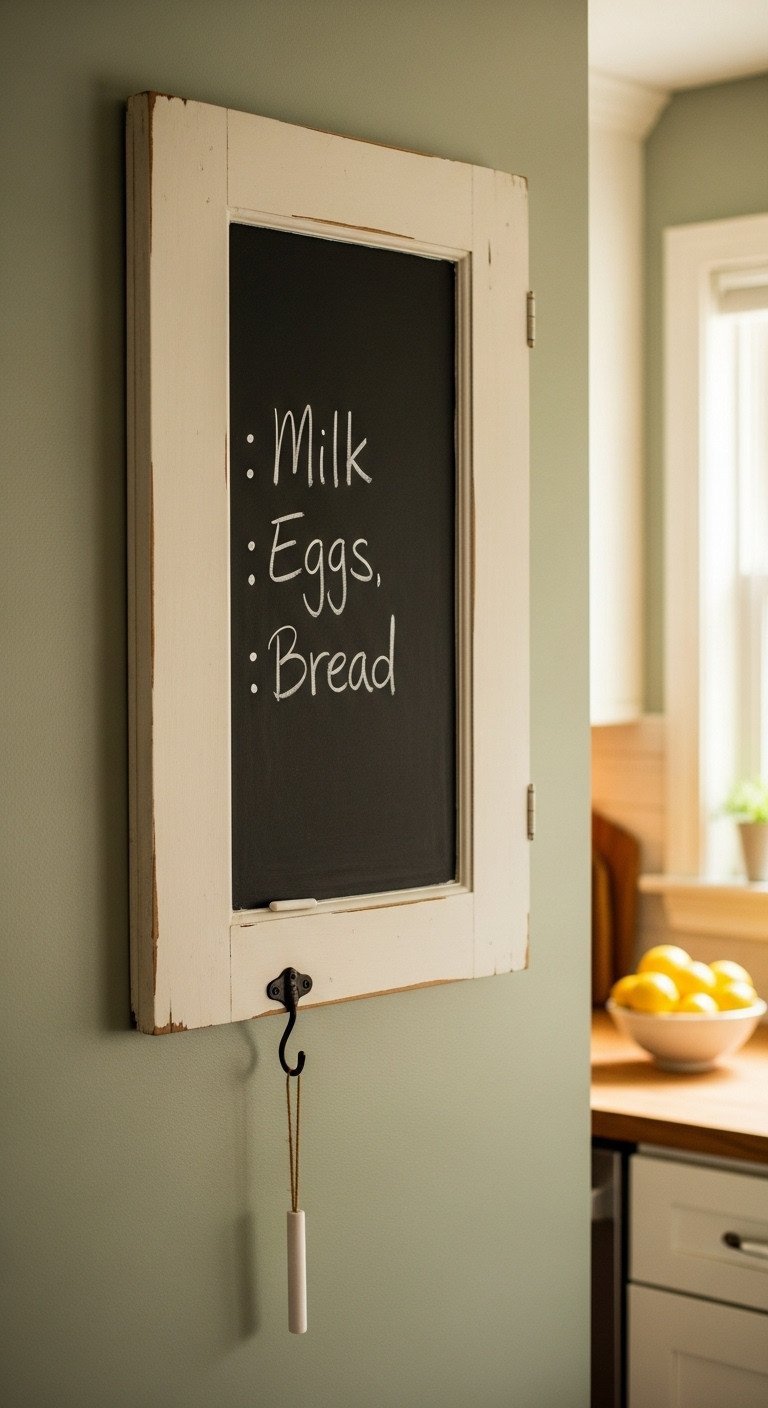 Brilliant Upcycled Kitchen Decor Ideas To Transform Your Walls 13 A repurposed cabinet door with an antique white frame and chalkboard center hangs on a sage green wall as a rustic grocery list.