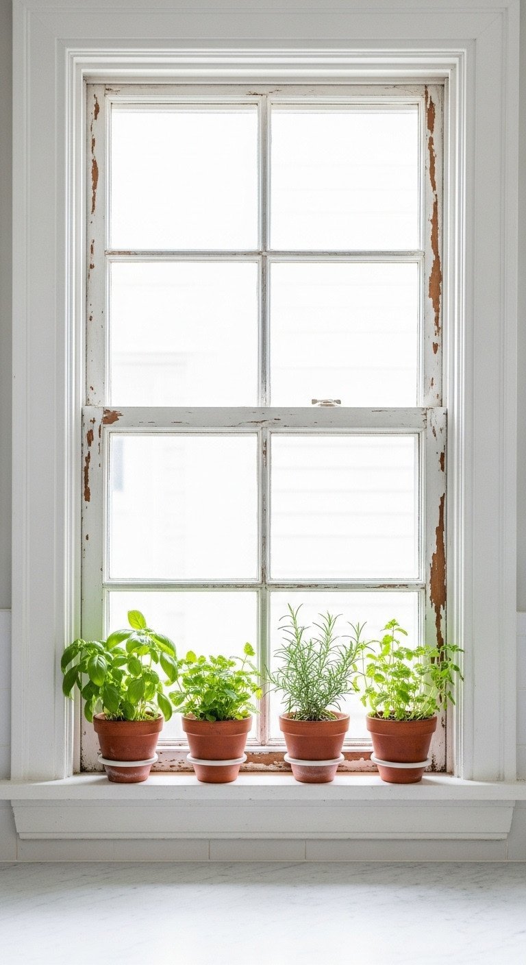 Brilliant Upcycled Kitchen Decor Ideas To Transform Your Walls 17 A repurposed vintage white window frame on a kitchen wall holds terracotta pots, creating a modern farmhouse indoor herb garden.