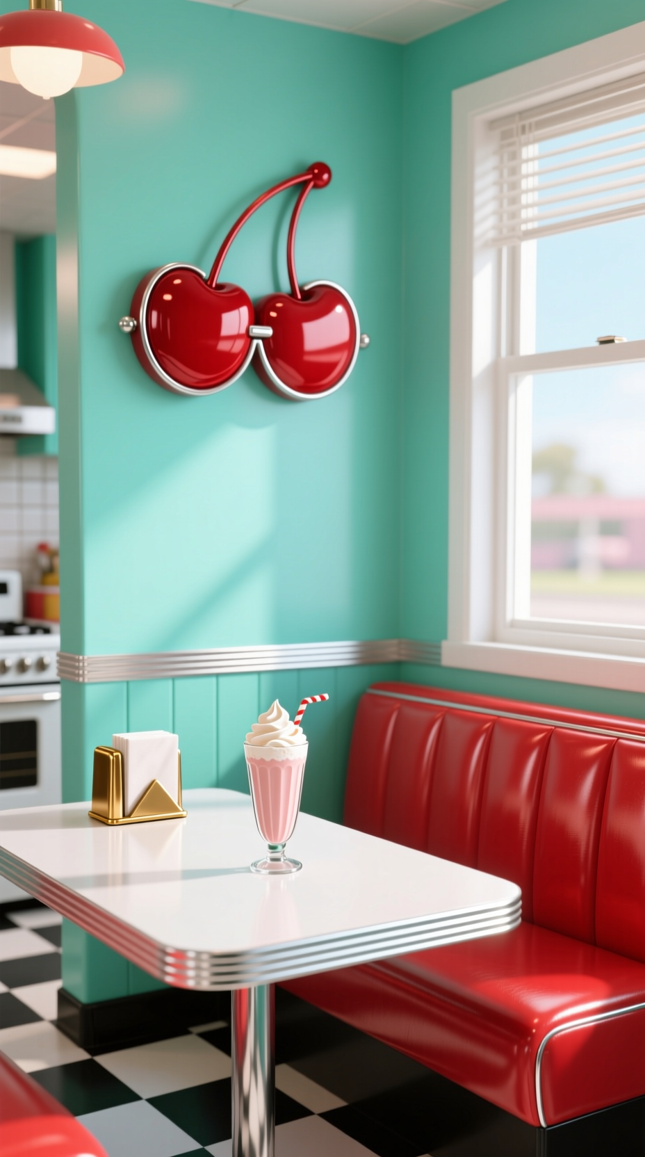 Stunning Vintage Kitchen Decor Ideas For A Charming Home 1 A retro metal sign hangs on a mint green wall above a red vinyl booth in a cheerful 1950s diner-style kitchen corner.