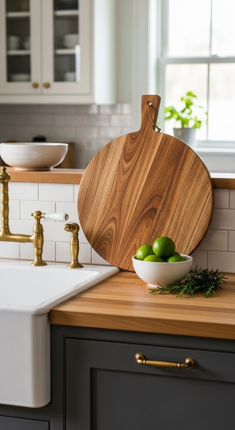 A round acacia wood cutting board leans against a farmhouse kitchen backsplash, with a bowl of green limes on the island.