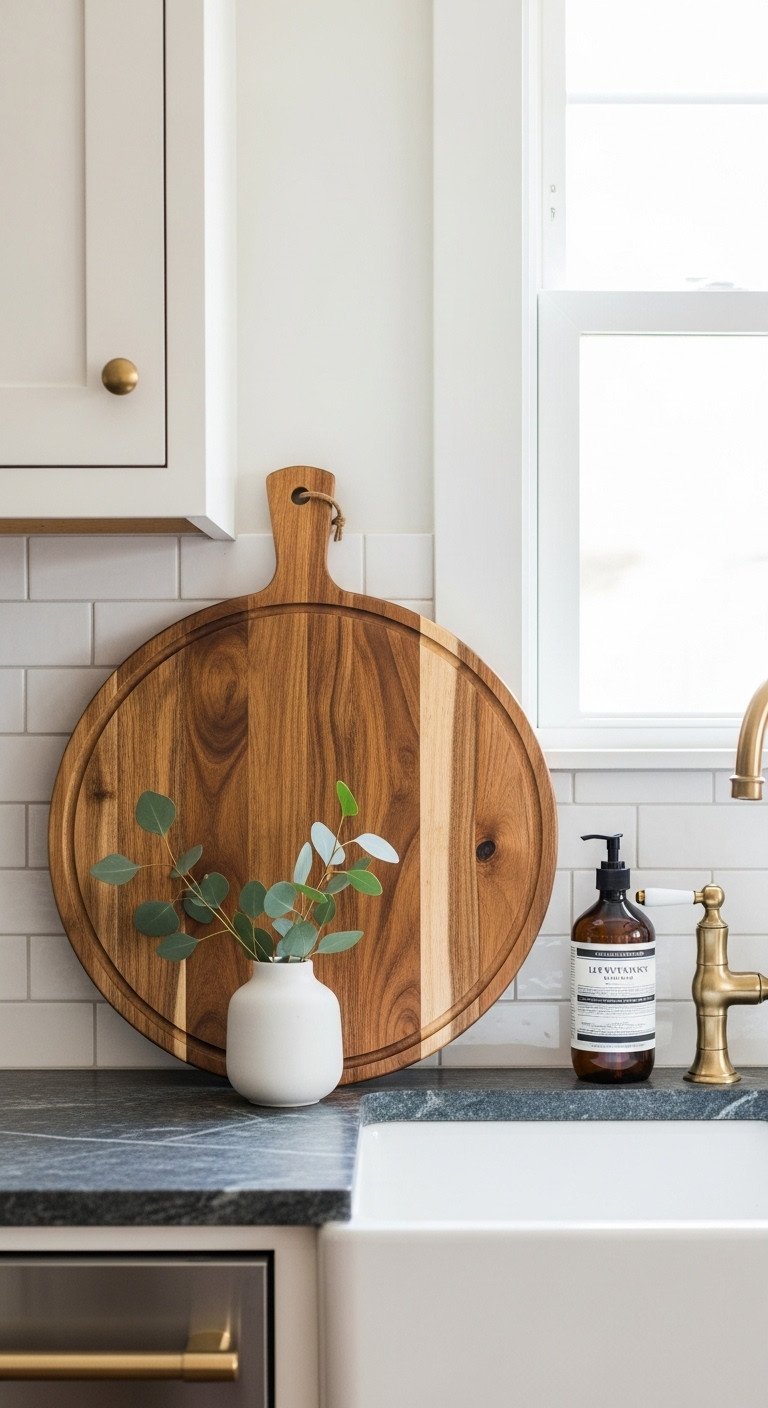 A round acacia wood cutting board styled with eucalyptus leans against a white tile backsplash in a modern rustic kitchen.