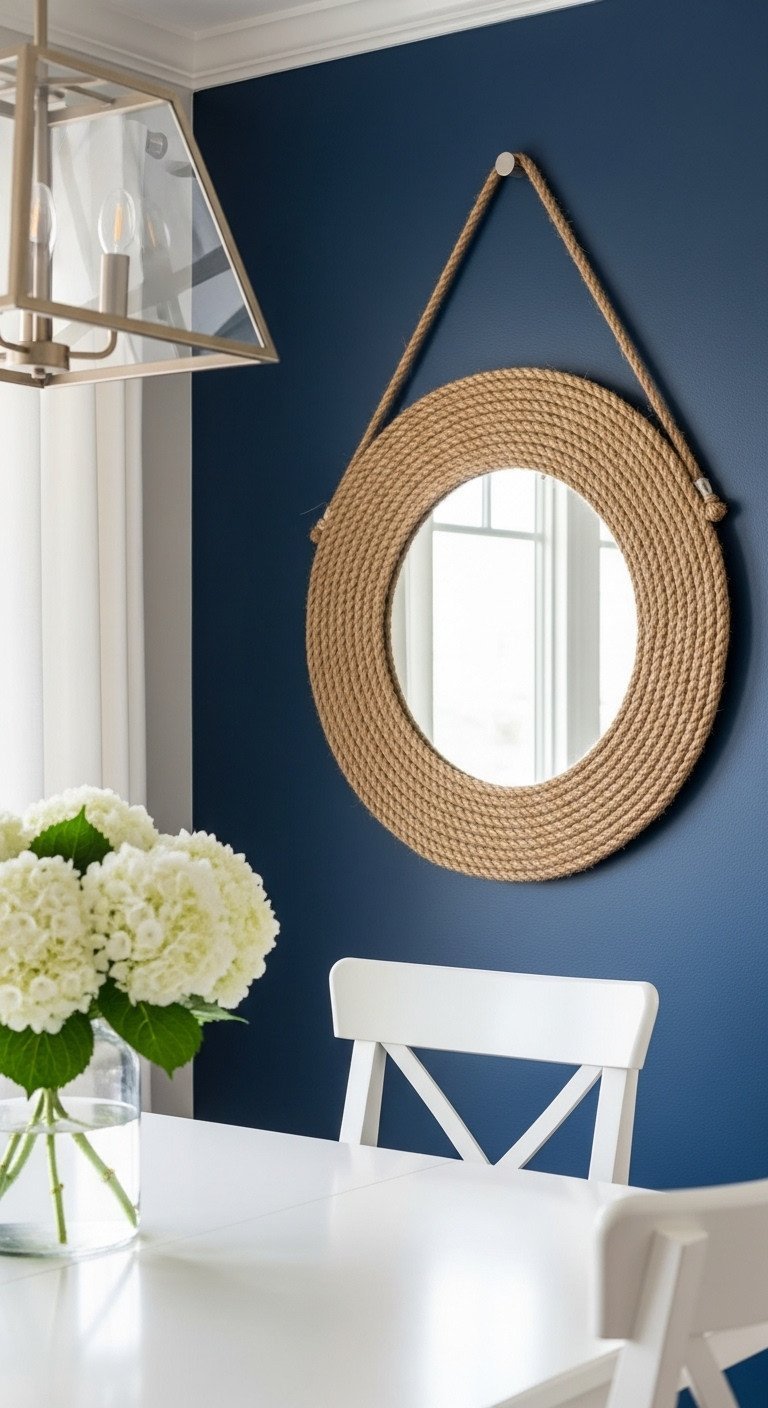 A round nautical mirror with a thick jute rope frame hangs on a navy blue wall, reflecting white hydrangeas on a table.