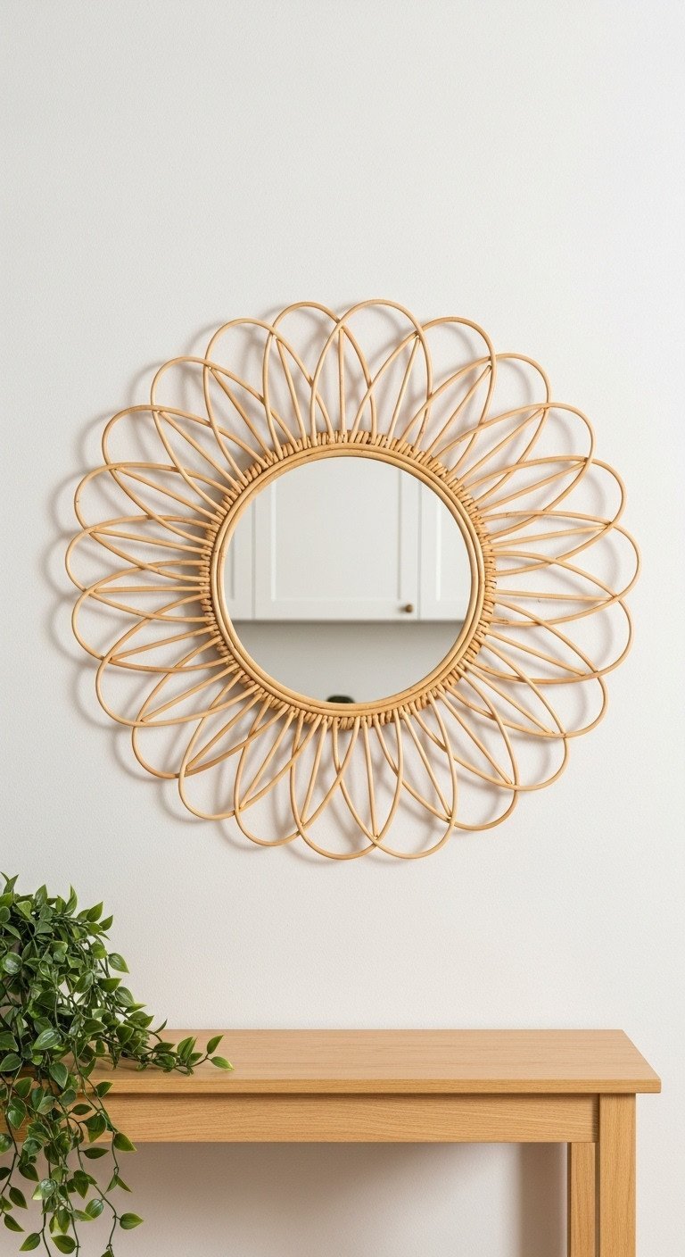 A round rattan sunburst mirror with an intricate woven frame hangs on a cream wall, adding a natural, bohemian touch.
