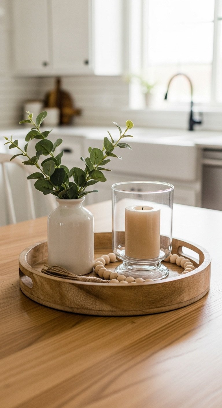 A round wooden tray on a light oak table holds a vase of eucalyptus, a beige pillar candle, and wood beads for a homey feel.